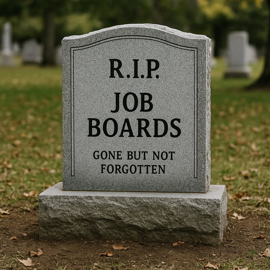 A granite tombstone engraved with R.I.P. Job Boards, Gone But Not Forgotten