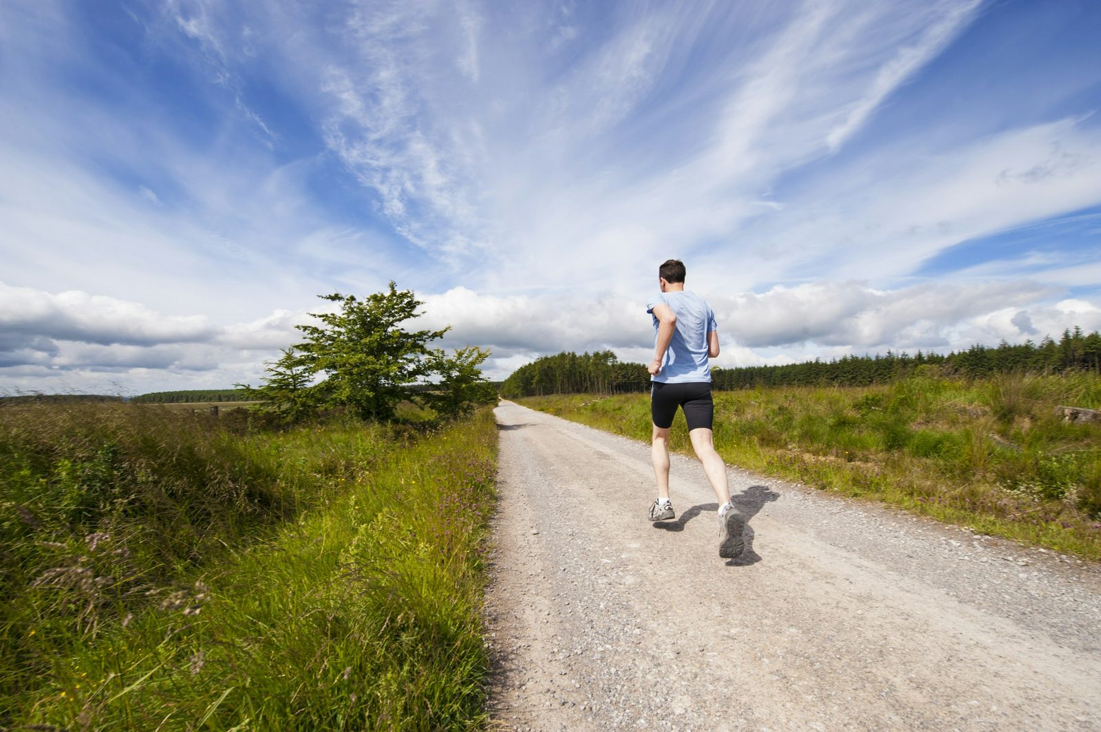 A runner in a blue shirt heads down a gravel road between green fields under a wide blue sky